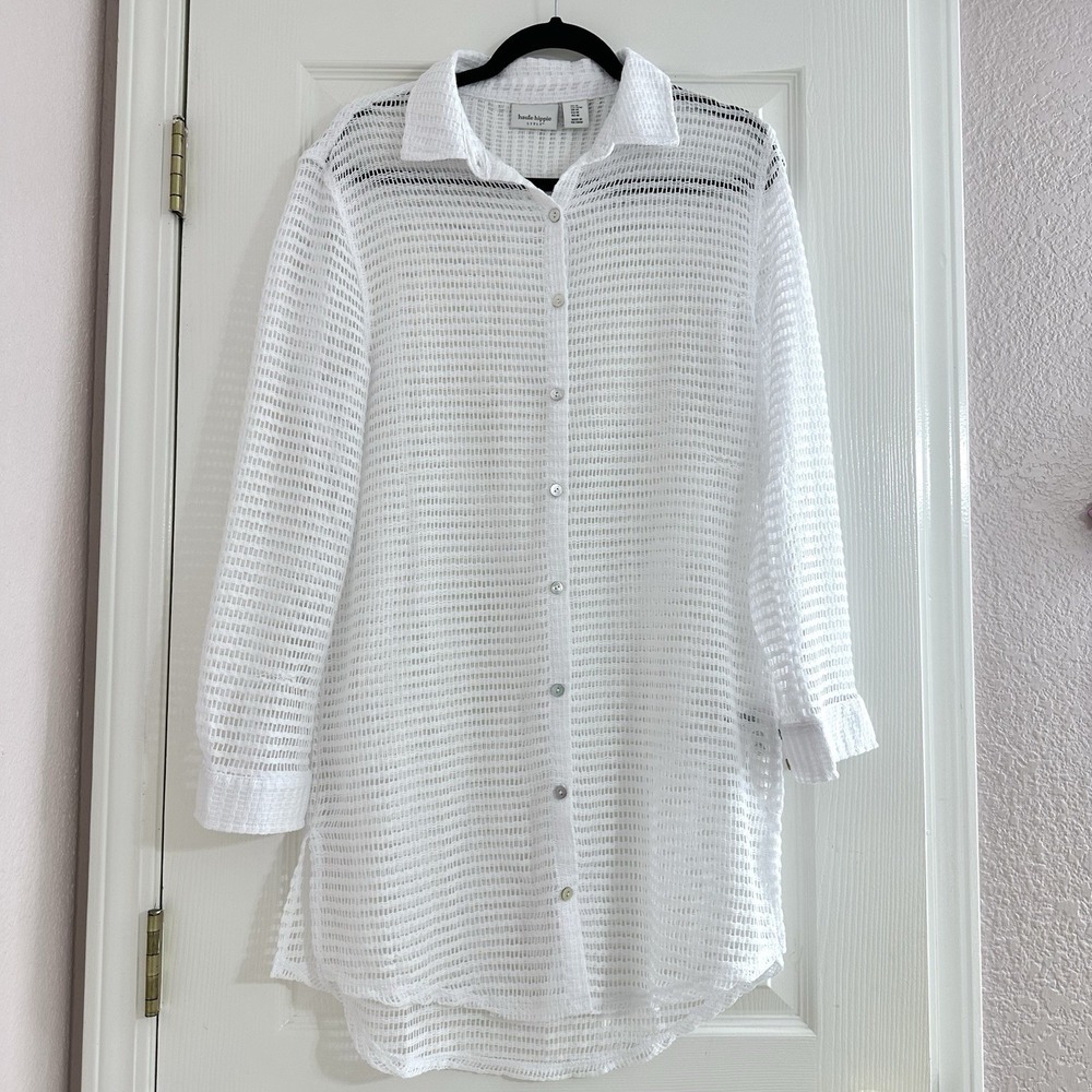 Haute Hippie Womens White Long Sleeve Sheer Like Button Up Dress Cover-up Size M - Picture 2 of 8